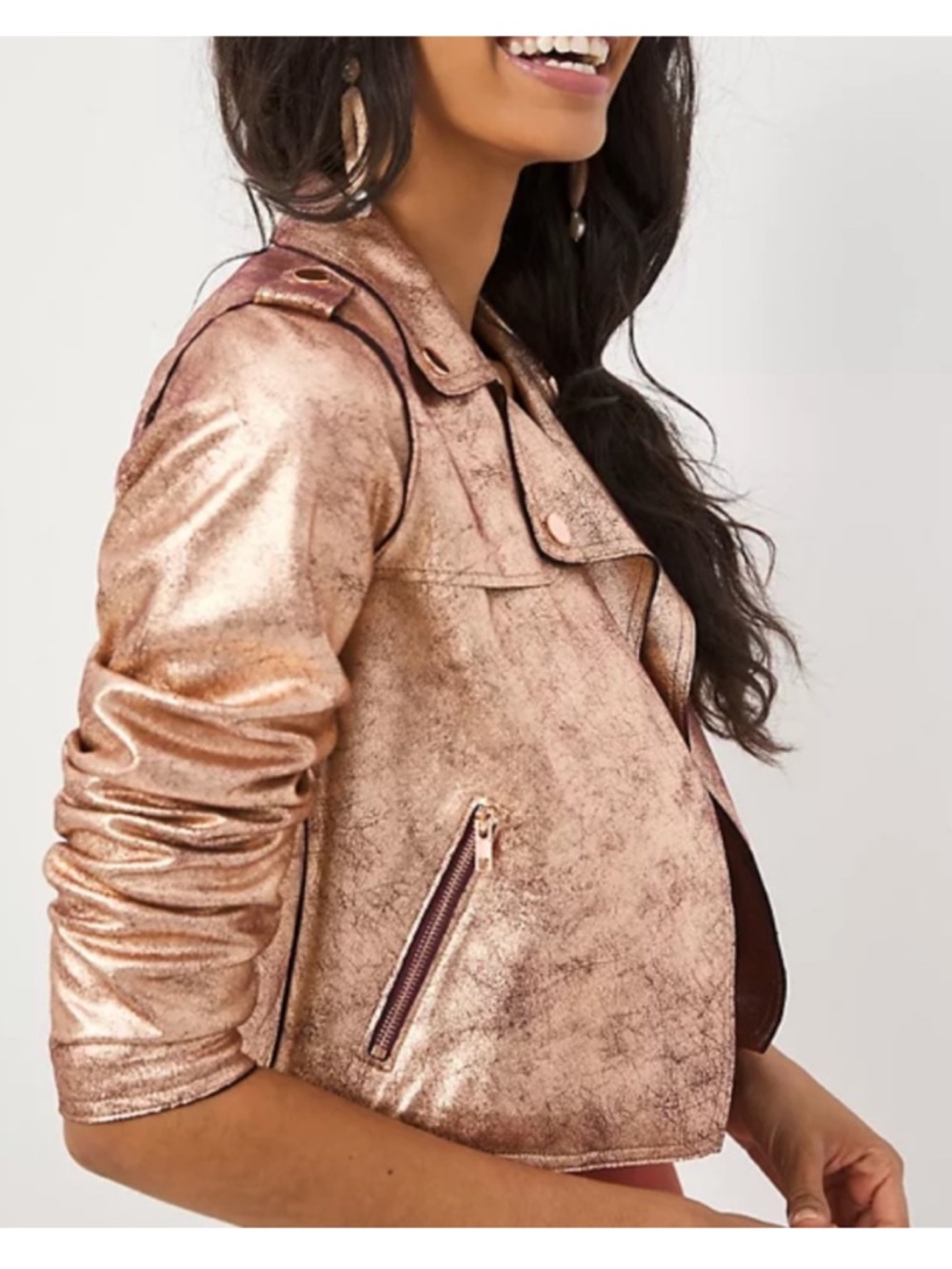 Anthropologie Brisa Faux Leather Moto Jacket Size XS Metallic Rose Gold